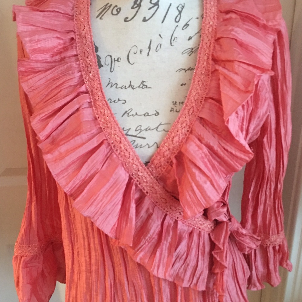 Jackie Jon Ruffle Wrap Around Gold Shimmer Blouse Top